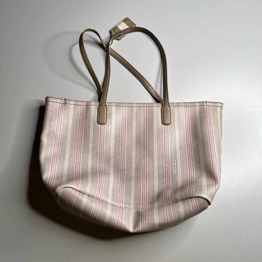 Coach Tote Bag Womens Large Beige Canvas Leather Striped Shoulder Zip Top